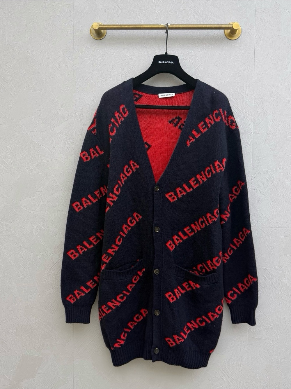 Balenciaga Navy Cardigan Sweater with Red Logo Knit